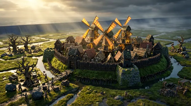 Een versterkt polderdorp op een groene terp met drie draaiende windmolens, houten palissades en puntvallen, terwijl pioniers buiten de muren hout en bazaltsteen verzamelen.
