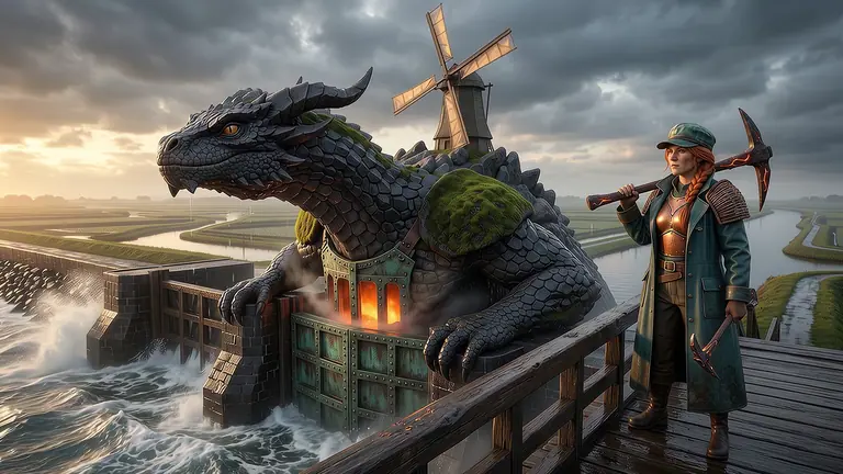 Drakolder Vael, de bazalten sluisdraak met een draaiende windmolen op zijn rug, en dijksmeder Poldera Kolk waken samen bij een monumentale zeesluis tussen de schuimende Noordzee en de verlichte Drakenpolder.